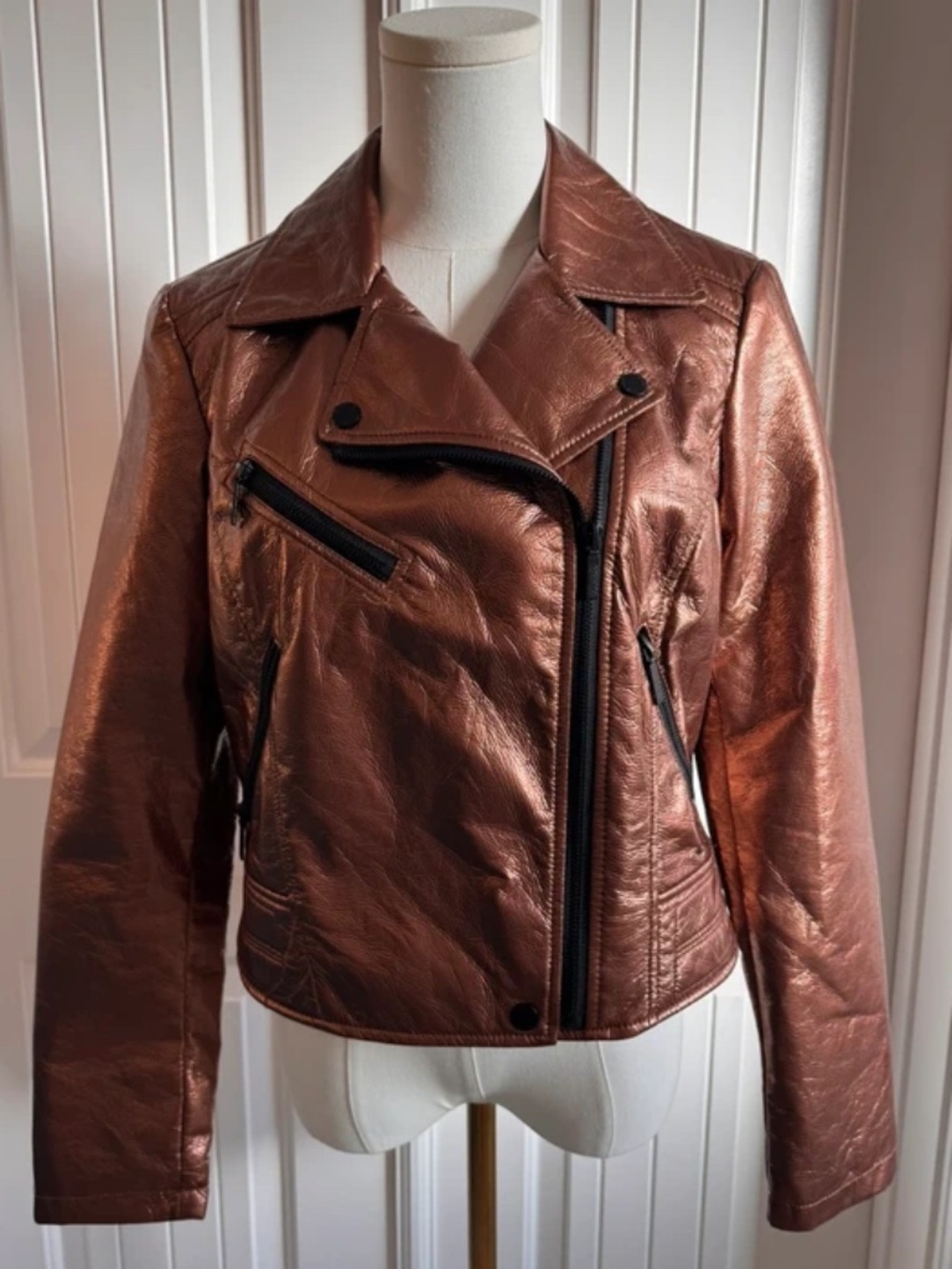Retro Y2K Collection B New York Metallic Copper Vegan Leather Moto Jacket Sz M